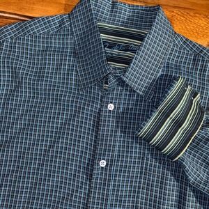 Bugatchi Uomo Shirt Men XXLT Blue Black Micro Check Plaid Button Flip Cuff 2XLT